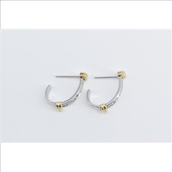 10K Diamond Two Tone Vintage Striped Semi Hoop White Gold Earrings