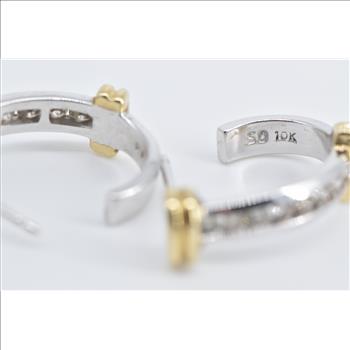 10K Diamond Two Tone Vintage Striped Semi Hoop White Gold Earrings