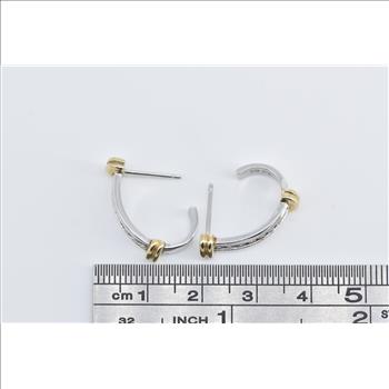 10K Diamond Two Tone Vintage Striped Semi Hoop White Gold Earrings