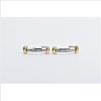 10K Diamond Two Tone Vintage Striped Semi Hoop White Gold Earrings