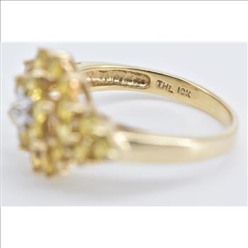 10K Diamond Yellow Sapphire Cluster Statement Yellow Gold Ring, Size 7