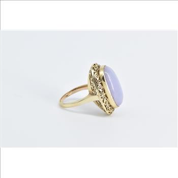 10K Elaborate Filigree Oval Lilac Jade Cabochon Yellow Gold Ring, Size 6.25