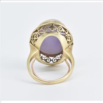 10K Elaborate Filigree Oval Lilac Jade Cabochon Yellow Gold Ring, Size 6.25
