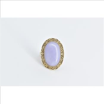 10K Elaborate Filigree Oval Lilac Jade Cabochon Yellow Gold Ring, Size 6.25