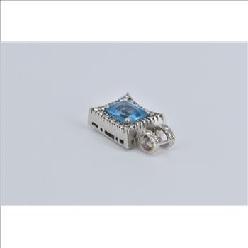 10K Emerald Cut Blue Topaz Diamond Halo Squared White Gold Pendant