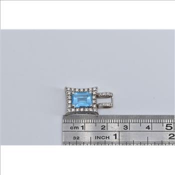 10K Emerald Cut Blue Topaz Diamond Halo Squared White Gold Pendant