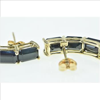 10K Emerald Cut Sapphire Curved Bar Drop Yellow Gold Earrings