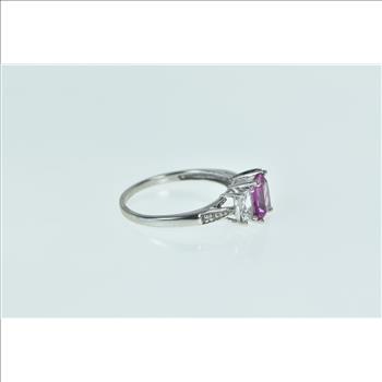 10K Emerald Cut Syn. Pink Sapphire CZ Diamond White Gold Ring, Size 8