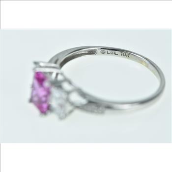 10K Emerald Cut Syn. Pink Sapphire CZ Diamond White Gold Ring, Size 8