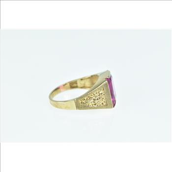 10K Emerald Cut Syn. Pink Sapphire Squared Yellow Gold Ring, Size 5.5