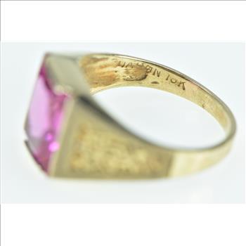 10K Emerald Cut Syn. Pink Sapphire Squared Yellow Gold Ring, Size 5.5