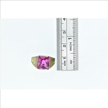 10K Emerald Cut Syn. Pink Sapphire Squared Yellow Gold Ring, Size 5.5
