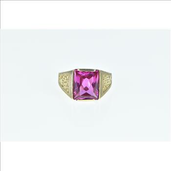 10K Emerald Cut Syn. Pink Sapphire Squared Yellow Gold Ring, Size 5.5