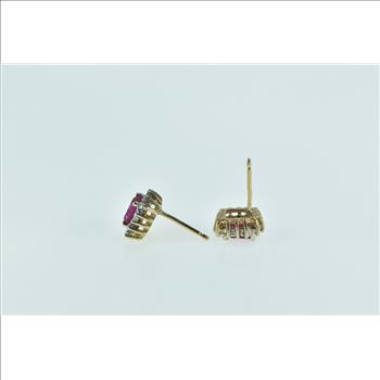 10K Emerald Cut Syn. Ruby Diamond Vintage Stud Yellow Gold Earrings