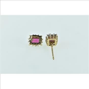 10K Emerald Cut Syn. Ruby Diamond Vintage Stud Yellow Gold Earrings