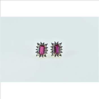 10K Emerald Cut Syn. Ruby Diamond Vintage Stud Yellow Gold Earrings