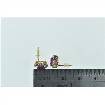10K Emerald Cut Syn. Ruby Diamond Vintage Stud Yellow Gold Earrings