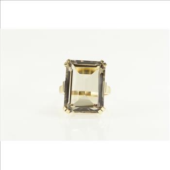 10K Emerald Cut Syn. Smoky Quartz Cocktail Yellow Gold Ring, Size 7.5