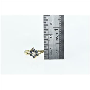 10K Flower Sapphire Diamond Vintage Cluster Bypass Yellow Gold Ring, Size 3.5