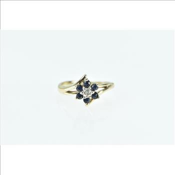 10K Flower Sapphire Diamond Vintage Cluster Bypass Yellow Gold Ring, Size 3.5