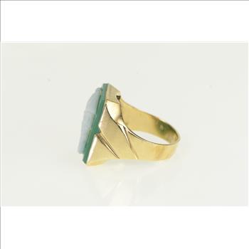 10K Green Agate Carved Soldier Cameo Yellow Gold Ring, Size 10.5