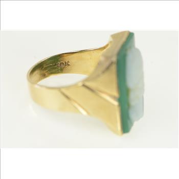 10K Green Agate Carved Soldier Cameo Yellow Gold Ring, Size 10.5