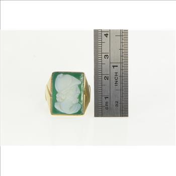 10K Green Agate Carved Soldier Cameo Yellow Gold Ring, Size 10.5