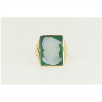 10K Green Agate Carved Soldier Cameo Yellow Gold Ring, Size 10.5