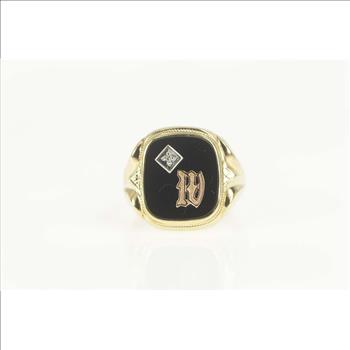 10K M W Monogram Diamond Black Onyx Retro Yellow Gold Ring, Size 10.25