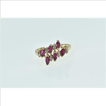 10K Marquise Ruby Vintage Diamond Slanted Yellow Gold Ring, Size 7