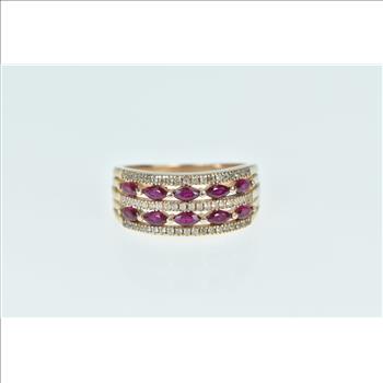 10K Marquise Ruby White Sapphire Tiered Band Yellow Gold Ring, Size 6.75