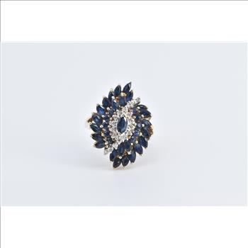 10K Marquise Sapphire Diamond Swirl Cluster Yellow Gold Ring, Size 7