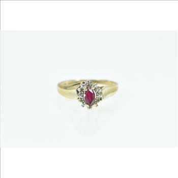 10K Marquise Syn. Ruby Diamond Halo Classic Vintage Yellow Gold Ring, Size 6
