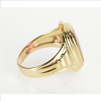 10K Masonic Carved Symbol Syn. Ruby Men's Yellow Gold Ring, Size 11