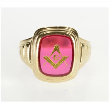 10K Masonic Carved Symbol Syn. Ruby Men's Yellow Gold Ring, Size 11