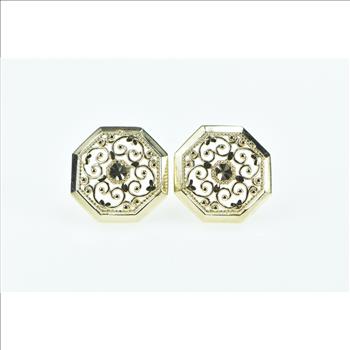 10K Octagon Vintage Filigree Ornate Statement Stud Yellow Gold Earrings