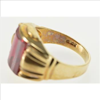 10K Opposed Bar Cut Syn Ruby 1940's Statement Yellow Gold Ring, Size 8.25