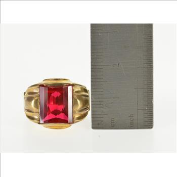 10K Opposed Bar Cut Syn Ruby 1940's Statement Yellow Gold Ring, Size 8.25