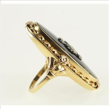 10K Ornate Black Onyx Diamond Statement Yellow Gold Ring, Size 5