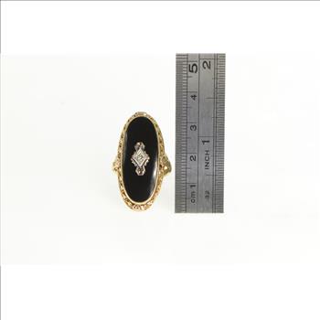 10K Ornate Black Onyx Diamond Statement Yellow Gold Ring, Size 5