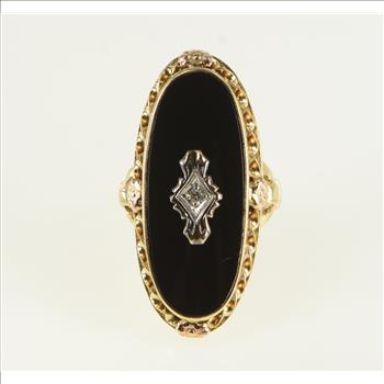 10K Ornate Black Onyx Diamond Statement Yellow Gold Ring, Size 5