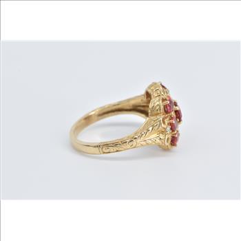 10K Ornate Garnet Diamond Scalloped Statement Yellow Gold Ring, Size 10