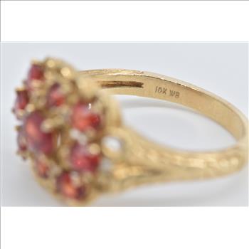 10K Ornate Garnet Diamond Scalloped Statement Yellow Gold Ring, Size 10