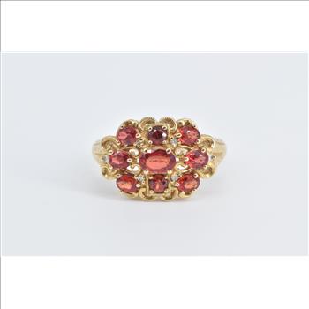 10K Ornate Garnet Diamond Scalloped Statement Yellow Gold Ring, Size 10