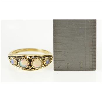 10K Ornate Graduated Opal Inset Wedding Band Yellow Gold Ring, Size 5.5