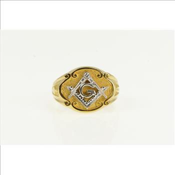 10K Ornate Masonic Compass Square Men's Yellow Gold Ring, Size 9.5