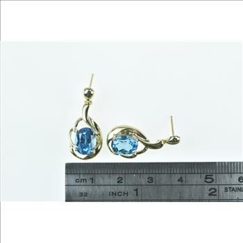 10K Ornate Oval Blue Topaz Vintage Dangle Yellow Gold Earrings