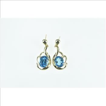 10K Ornate Oval Blue Topaz Vintage Dangle Yellow Gold Earrings