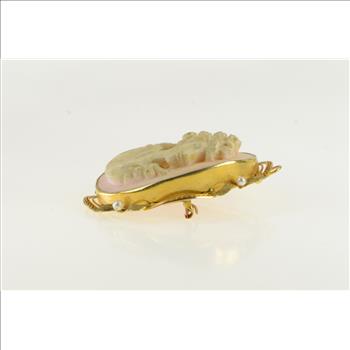 10K Ornate Pearl Carved Coral Lady Cameo Yellow Gold Pin/Brooch