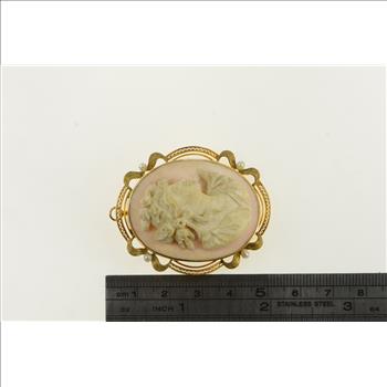 10K Ornate Pearl Carved Coral Lady Cameo Yellow Gold Pin/Brooch